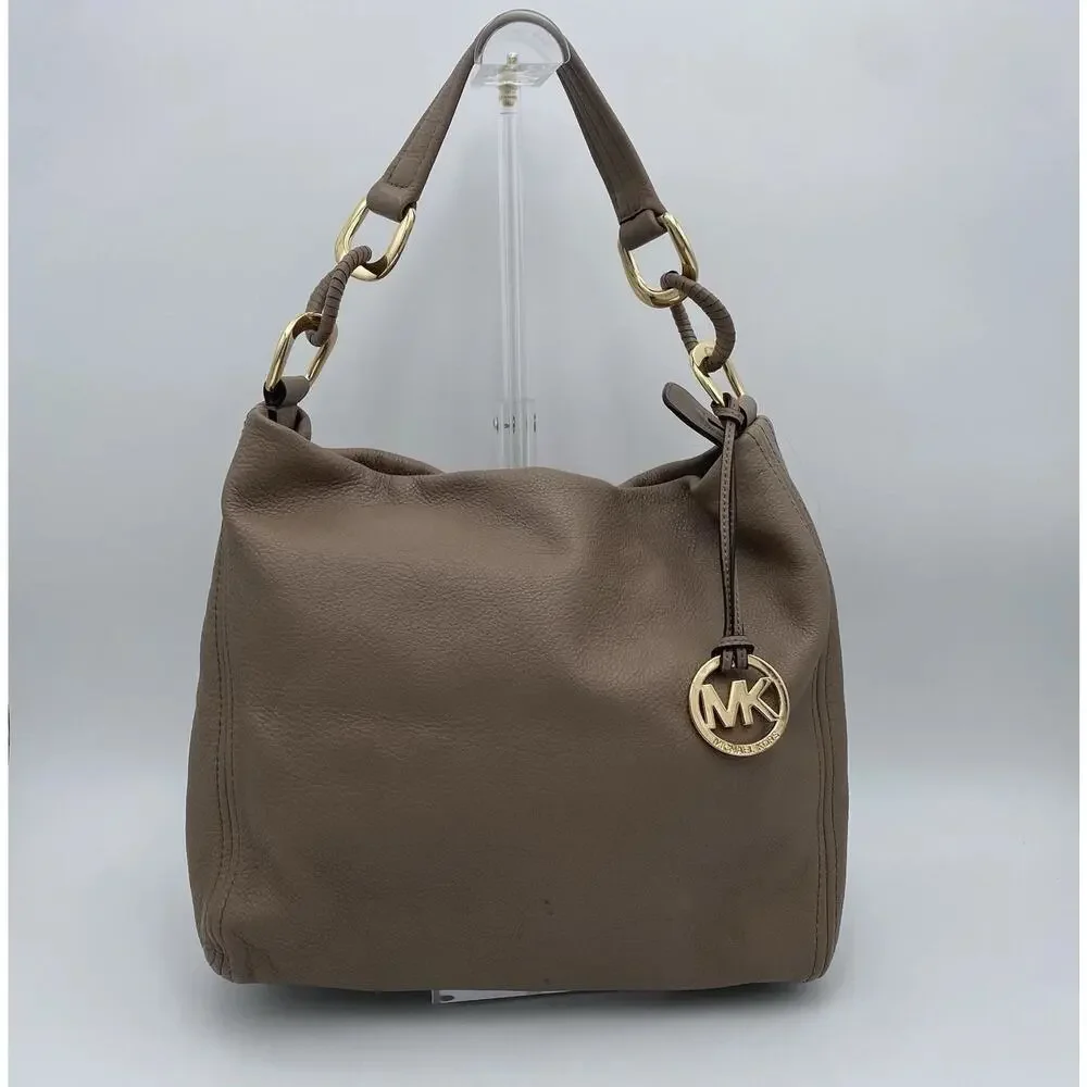 Michael Kors Taupe Hobo Shoulder Bag Soft Pebbled Leather Gold Chain Hardware